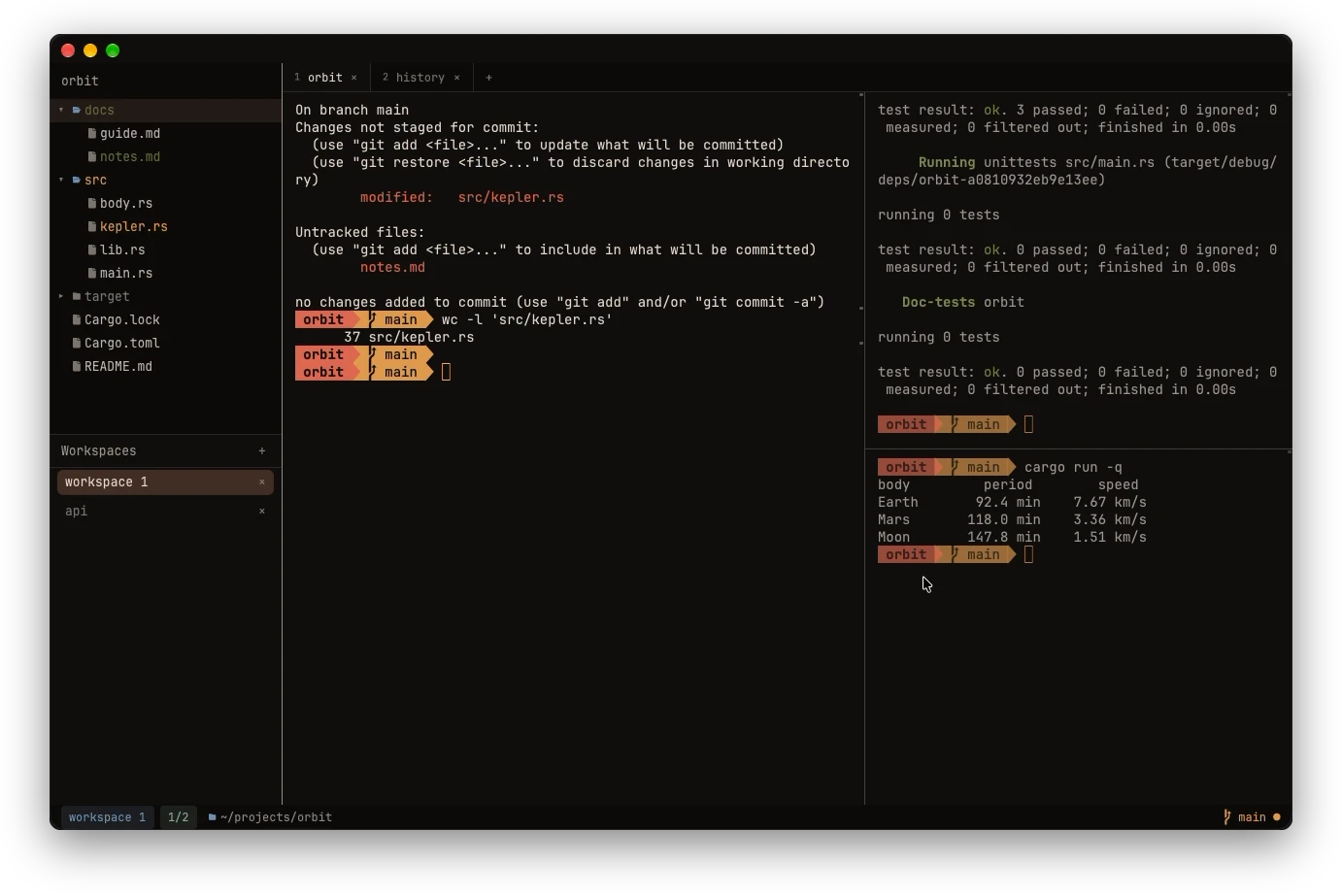 Oxide Terminal showing the file tree drawer with a workspaces panel below it, two tabs above three split panes running git status, cargo test and cargo run, and a git-aware status bar