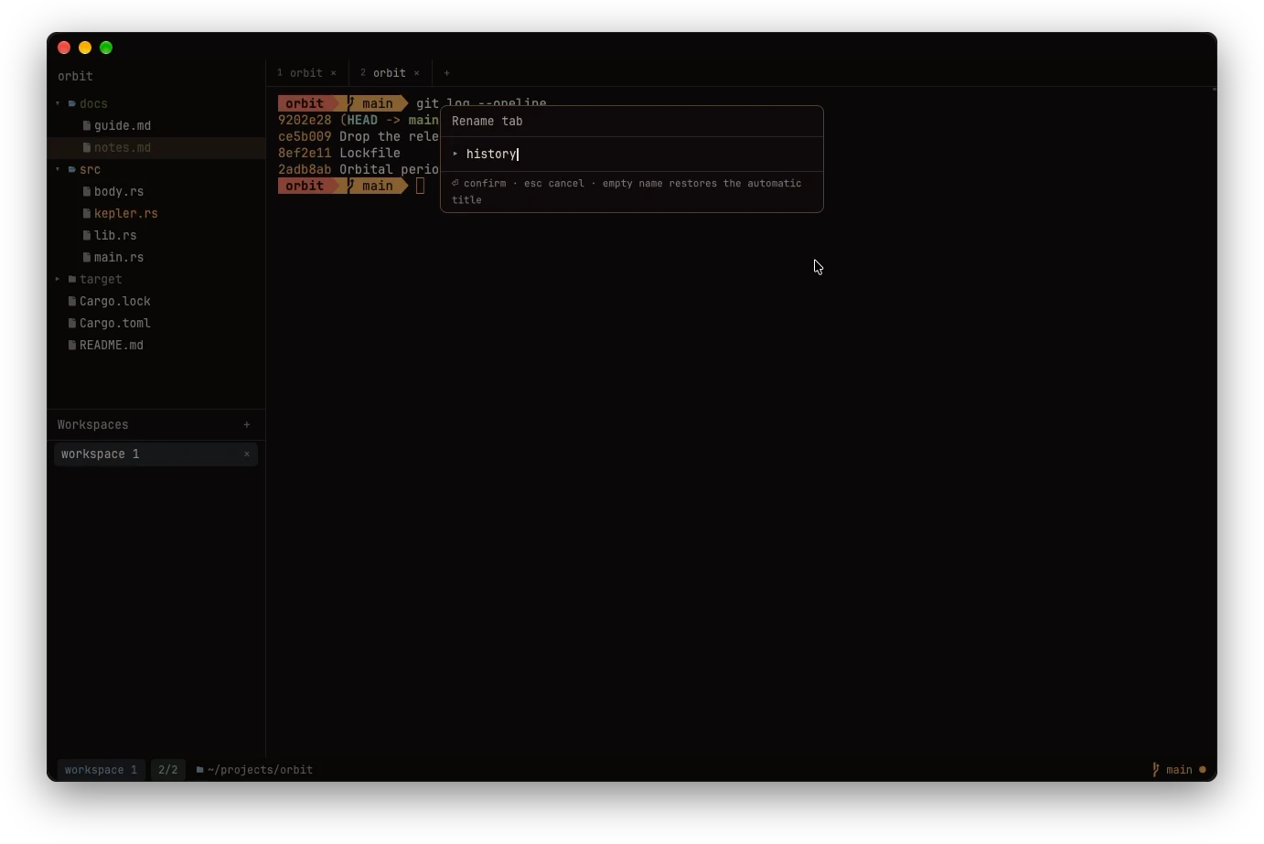 Oxide Terminal's rename tab prompt, with the tab bar and file tree behind it