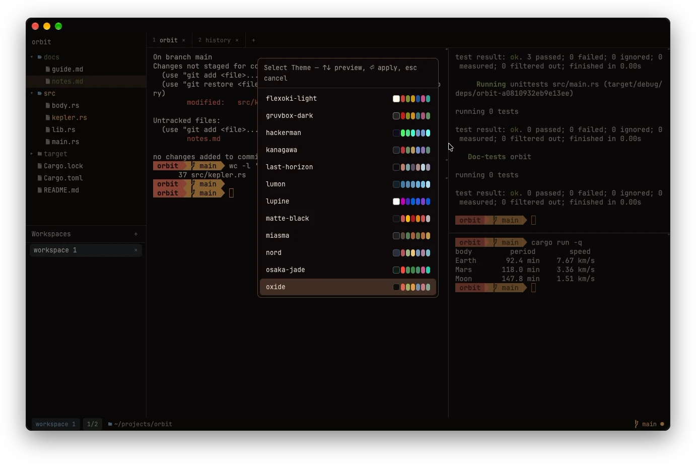 The Oxide Terminal theme picker listing presets with colour swatches, the window repainted in the selected oxide theme