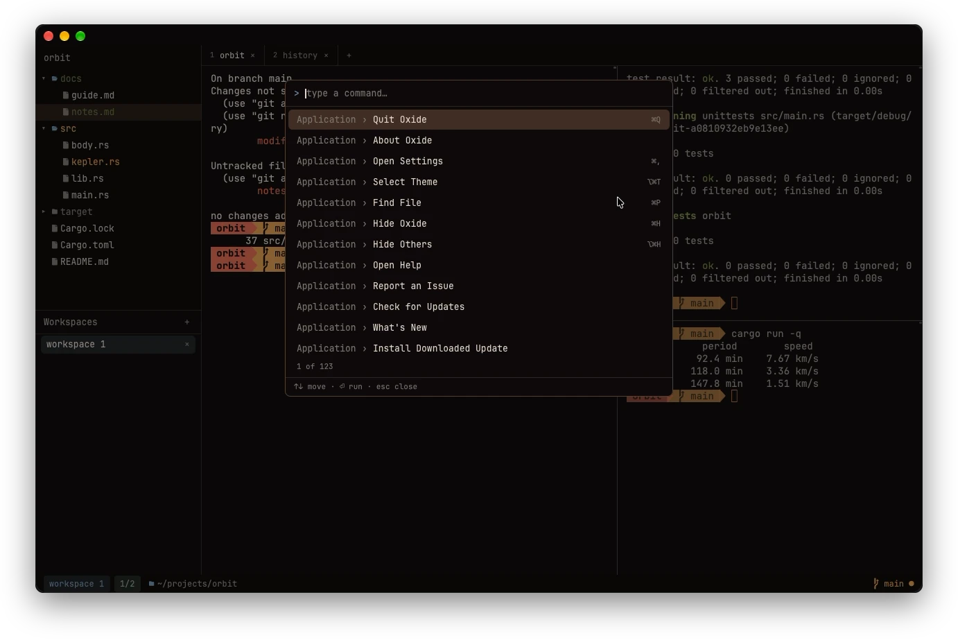 The Oxide Terminal command palette listing every action, each with its key binding